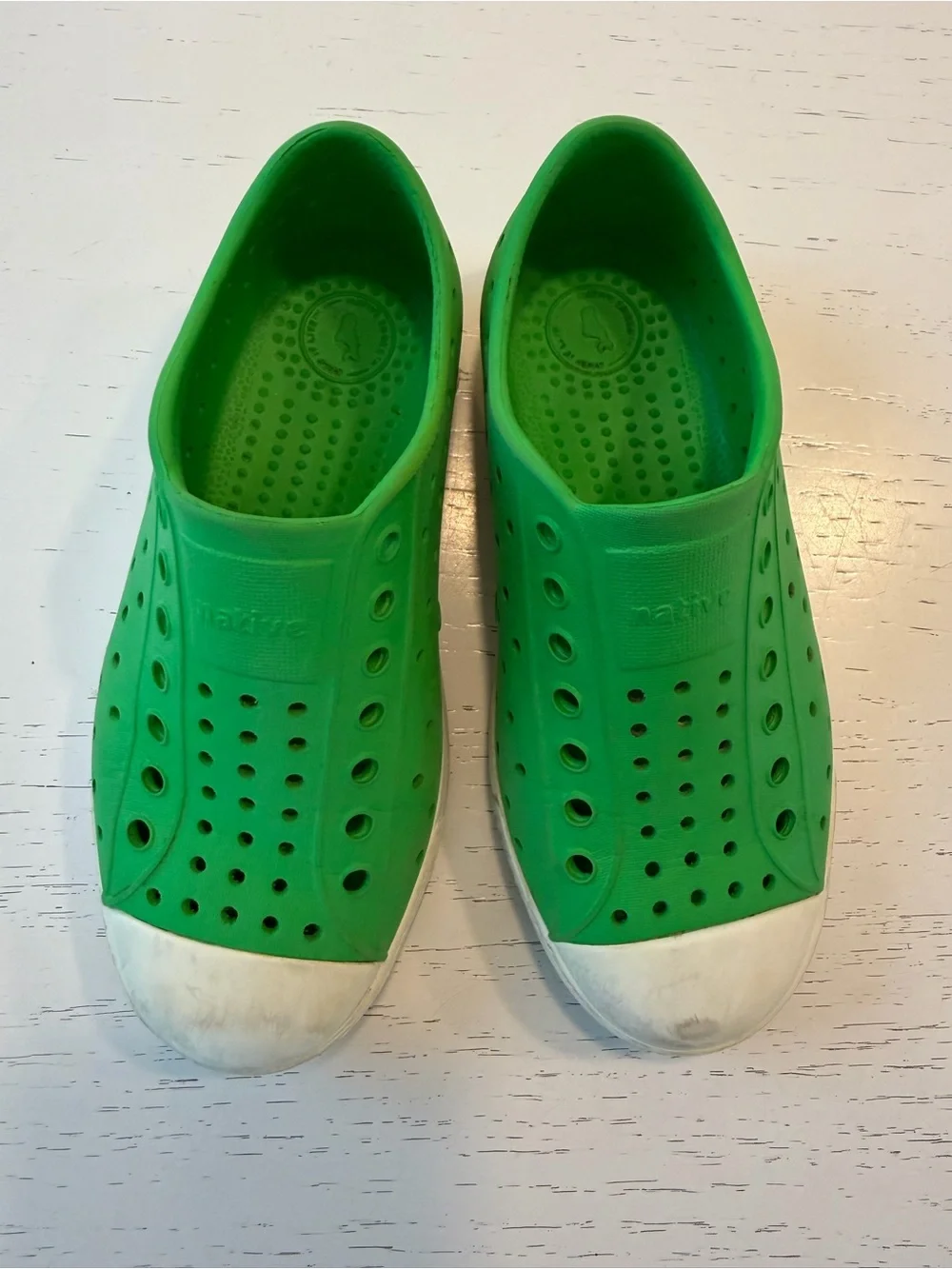 Native Jefferson Kids Bright Green Slip-On Water Shoes with White Toe Caps, C12